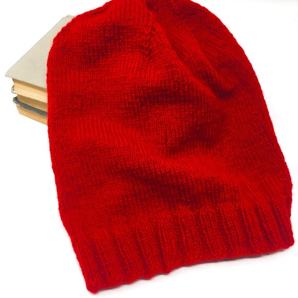 Handknitted Tomato Red Ribbed Edge Unisex Slouchy Hat - Picture 3 of 14